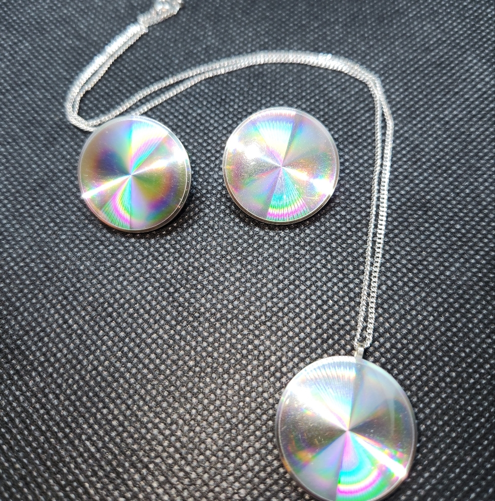 Psychedelic holographic vintage necklace and clip on earrings.